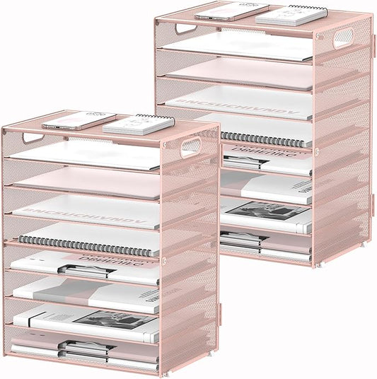 DALTACK 9-Tier Paper Letter Tray Desk Organizer with Handles, Mesh File Holder Organization, Paper Sorter Desk Organizer for Office Home School, Pink 2 Pack