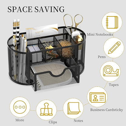 SUPEASY Mesh Desk Organizer, Desk Accessories & Workspace Organizers with Drawers, Pencil Holder for Desk with 9 Compartments for Office Supplies, 8.6 x 4.3 x 4.1 Inch, Black