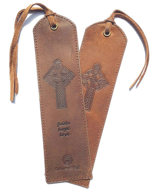 Leather Bookmark Handmade Celtic Cross Design - 2 Genuine Leather Bookmarks for Men and Women with Christian Upright High Cross and Knot Design - Perfect Book Lovers Gift for Bookworms