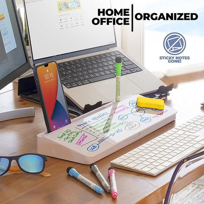 Desktop Whiteboard - Glass Dry Erase White Board- Desk Computer Buddy – Home Office & Studying Essentials - Desktop Pad with Phone & Tablet Slot, Storage Compartment - Includes 4 Markers, 1 Eraser