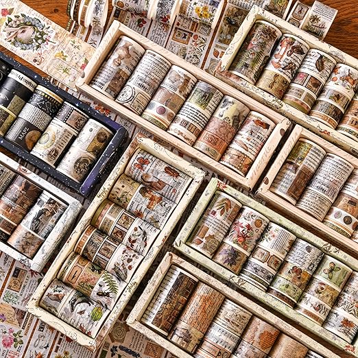 18 Rolls Vintage Washi Tape Pack Retro Arts Adhesive Tapes Wide Monologue Decorative Masking Tape Sets for Craft, Kids, Scrapbook, DIY, Gift Wrapping (Travel The World)