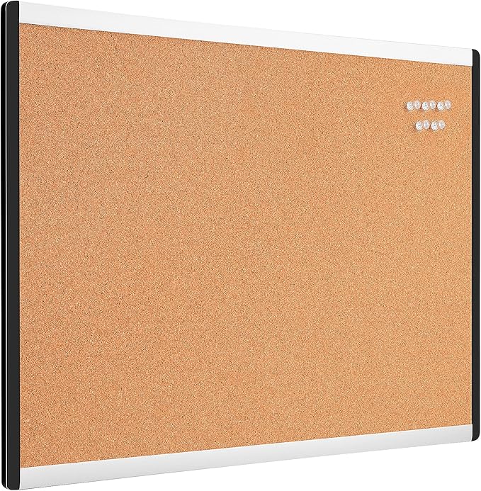 Amazon Basics Rectangular Cork Board with Aluminum/Plastic Frame and Mounting Tabs, 23" x 17", Brown