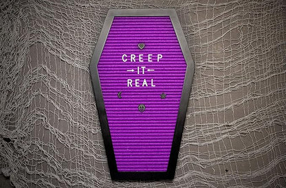 Coffin Letter Board Purple With Spooky Emojis +500 Characters, and Wooden Stand - 17x10.5 Inches - Gothic Halloween Decor Spooky Gifts Decorations