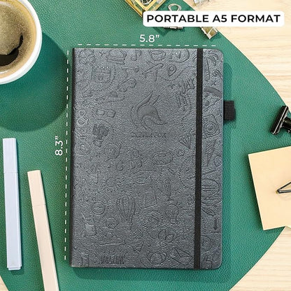 Clever Fox Dotted Journal 2.0 – Compact Planning and Sketching Dot Grid Notebook 120 GSM Thick, No-Bleed Paper – Planner with Pen Loop, Pocket, Ribbons, Stickers A5 - Silver Black