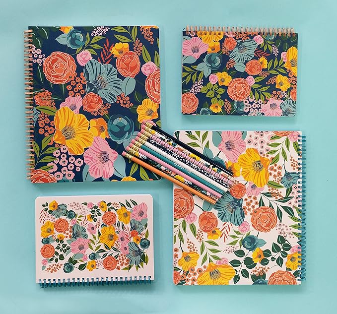 Steel Mill & Co Cute Floral Mini Spiral Notebook, 8.25" x 6.25" Journal with Durable Hardcover and 160 Lined Pages, Garden Blooms (Cream)