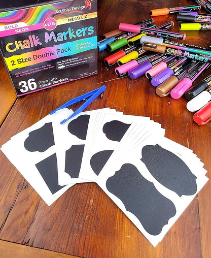 ArtShip Design 36 Chalk Markers Double Pack of Both Fine & Reversible Medium Tip Liquid Chalk Pens with Labels & Tip Tweezers Wet Erase Menu Boards, Windows, Mirrors, Non-Porous Chalkboards, Metal