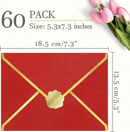 60 Pack Gold Envelopes 5x7 Bluk Red, 250G Pearled Cardstock A7 Envelopes for Invitations Business Mailing Envelope with Gold Foil Border, A6 4x6 Envelopes for Wedding Baby Shower Cards