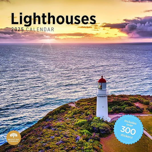 2025 Lighthouses Monthly Wall Calendar by Bright Day, Includes Over 300 Stickers, 12 x 12 Inch