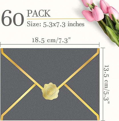 60 Pack Gold Envelopes 5x7 Silver Gray, 250G Pearled Cardstock A7 Envelopes for Invitations Business Mailing Envelope with Gold Foil Border, A6 4x6 Envelopes for Wedding Baby Shower Cards
