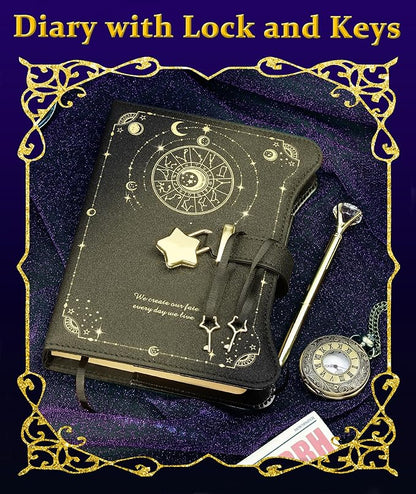 Diary with Lock and Keys for Girls Gift Ideas, 360 Kraft Pages Journal for Women, B6 Refillable Notebook for Writing with Pen and Bookmark (Astro Black)