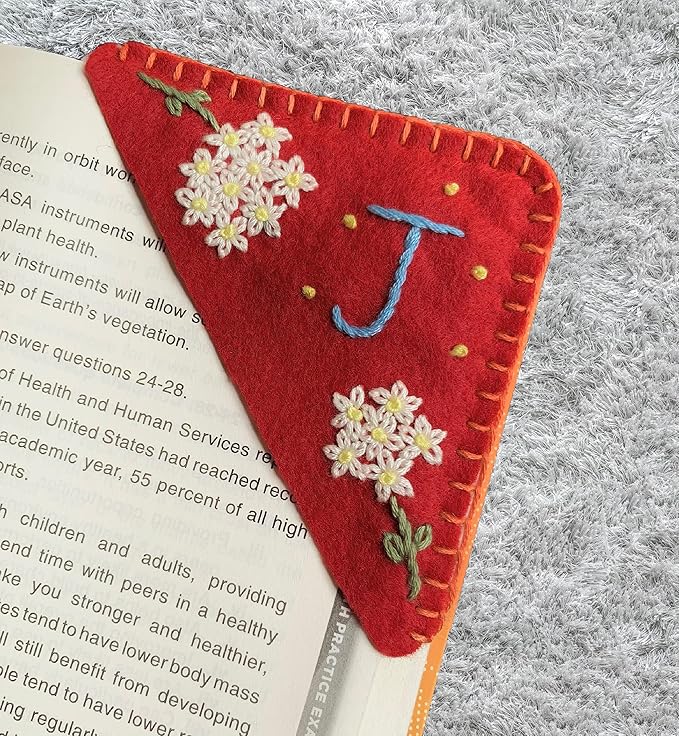 Personalized Hand Embroidered Corner Bookmark, Bookmarks for Women, Personalized Bookmark for Books, Cute Flower Book Mark, Hand Stitch Gift for Women for Book Lovers by HNQCPCVU (J, RED)