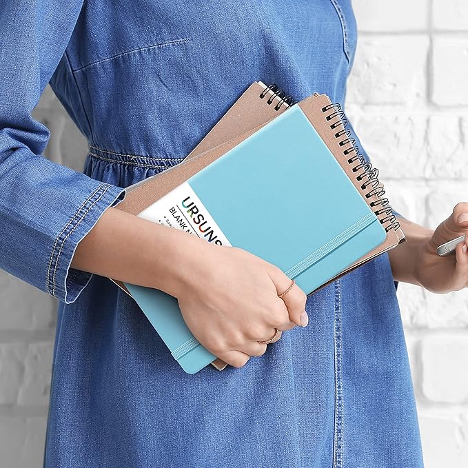 Blank Journal/Notebook - Classic Notebook/Journal with Ribbon Divider, Hardcover with Thick Paper, 5.3'' x 8.26'', Banded + Pen Holder +Inner Pocket - Light Blue
