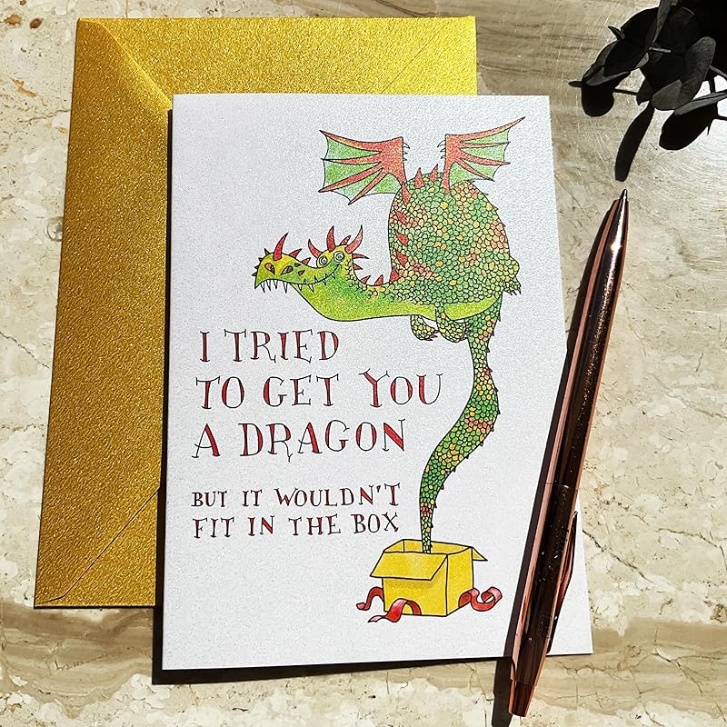 I Tried to Get You a Dragon Handmade Greeting Card, Fairy Tale Birthday, Funny Unique Dragon Magical Bday Gift for Boy, Girl, Fantasy Lover