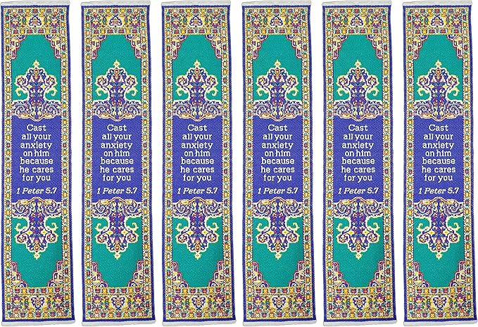 Don't Be Anxious, Bulk Pack of 6 Woven Fabric Christian Bookmarks, Silky Soft 1 Peter 5:7 Flexible Bookmarker for Novels Books and Bibles, Traditional Turkish Woven Design, Memory Verse Gift
