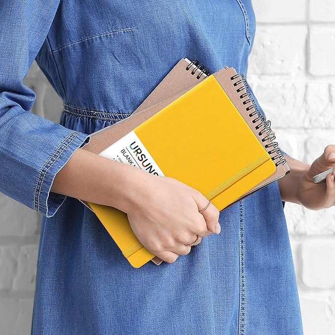 Blank Journal/Notebook - Classic Notebook/Journal with Ribbon Divider, Hardcover with Thick Paper, 5.3'' x 8.26'', Banded + Pen Holder +Inner Pocket - Yellow