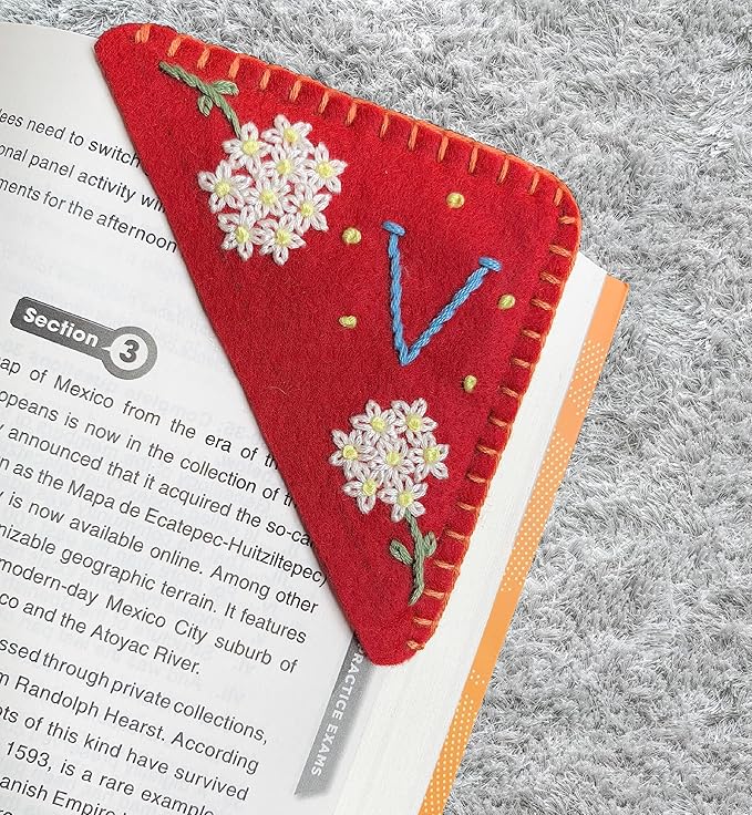 Personalized Hand Embroidered Corner Bookmark, Bookmarks for Women, Personalized Bookmark for Books, Cute Flower Book Mark, Hand Stitch Gift for Women for Book Lovers by HNQCPCVU (V, RED)