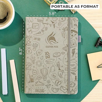 Clever Fox Dotted Journal 2.0 – Compact Planning and Sketching Dot Grid Notebook 120 GSM Thick, No-Bleed Paper – Planner with Pen Loop, Pocket, Ribbons, Stickers A5 - Gray