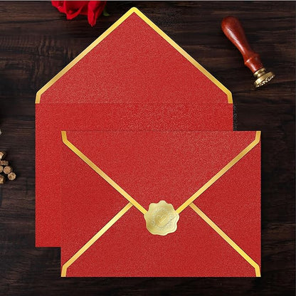 60 Pack Gold Envelopes 5x7 Bluk Red, 250G Pearled Cardstock A7 Envelopes for Invitations Business Mailing Envelope with Gold Foil Border, A6 4x6 Envelopes for Wedding Baby Shower Cards