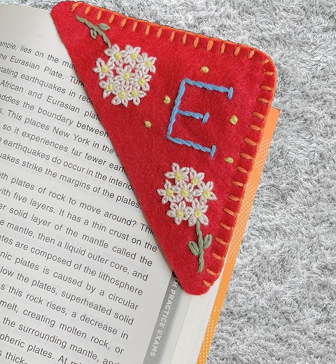 Personalized Hand Embroidered Corner Bookmark, Bookmarks for Women, Personalized Bookmark for Books, Cute Flower Book Mark, Hand Stitch Gift for Women for Book Lovers by HNQCPCVU (E, RED)