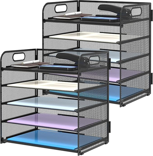 2 Pack 5-Tier Desk Organizer with Handle Mesh Desk File/Paper Organizer Letter Tray for Office, School and Home Easy Installation,Black