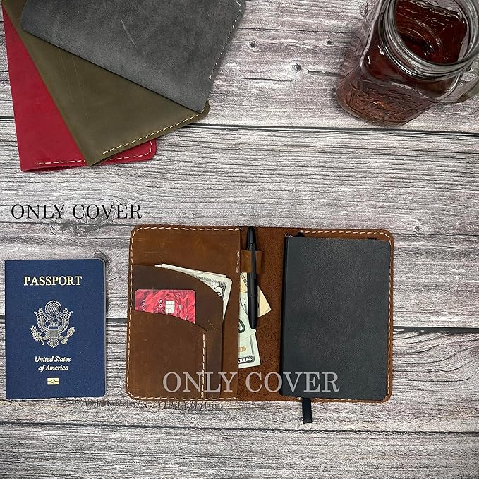 Leather Cover for Field Notes, Passport Cover, Leather Notebook Cover for 3.5" x 5.5" with Pen Holder, Only Cover (Oak)