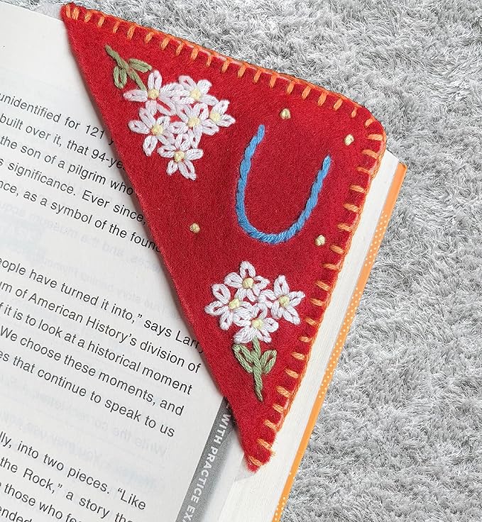 Personalized Hand Embroidered Corner Bookmark, Bookmarks for Women, Personalized Bookmark for Books, Cute Flower Book Mark, Hand Stitch Gift for Women for Book Lovers by HNQCPCVU (U, RED)