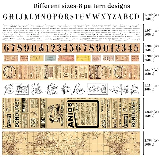 WAPETASHI Vintage Washi Tape Set 157ft Long - Antique Japanese Masking Tapes, Decorative for Scrapbooking Supplies, Bullet Journals, Planners, DIY Crafts, Gift Wrapping - 8 Different Design