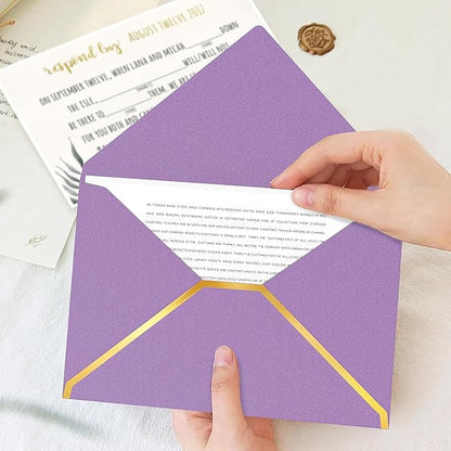 60 Pack Gold Envelopes 5x7 Bulk Purple, 250G Pearled Cardstock A7 Envelopes for Invitations Business Mailing Envelope with Gold Foil Border, A6 4x6 Envelopes for Wedding Baby Shower Cards