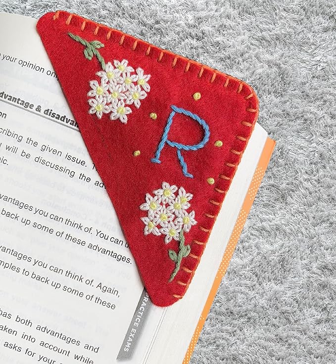 Personalized Hand Embroidered Corner Bookmark, Bookmarks for Women, Personalized Bookmark for Books, Cute Flower Book Mark, Hand Stitch Gift for Women for Book Lovers by HNQCPCVU (R, RED)