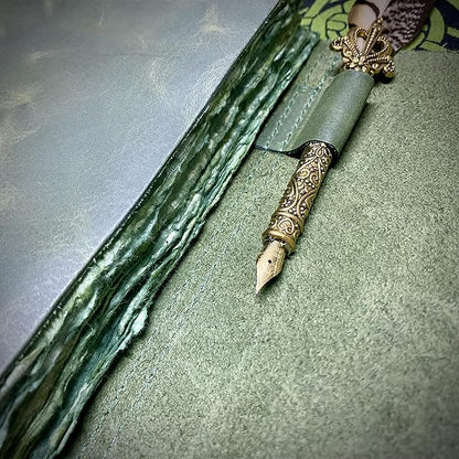 Vintage Green Leather Journal - 200 pages Deckle Edge Rustic Paper - Unlined Pages Book of Shadows, Grimoire, Junk Notebook, Fantasy Medieval Gifts, Sketchbook, Antique Scrapbook (Earthy Green, 7"x5")