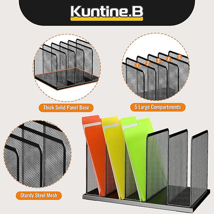 Kuntine.B Desk File Organizer 5 Sections Upright Mesh Desktop Organizer File Sorter Office Organization File Holder for Home, Office & Classroom