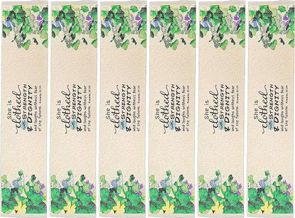 She is Clothed with Strength & Dignity, Bulk Pack of 6 Woven Fabric Christian Bookmarks, Silky Soft Proverbs 31:25 Flexible Bookmarker for Novels Books and Bibles, Religious Memory Verse Gift